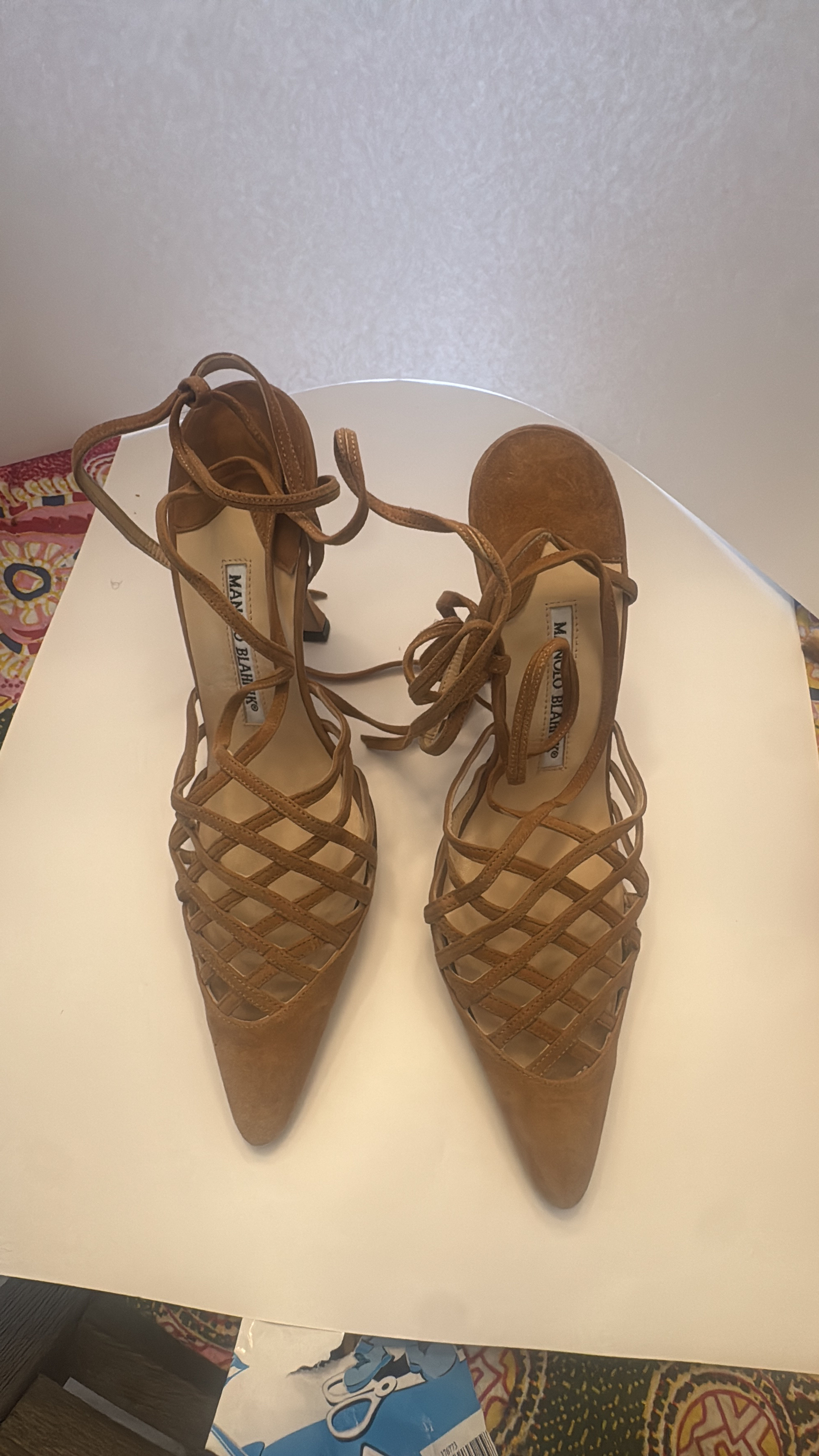 Manolo Blahnik Suede Lattice Lace-Up Pumps