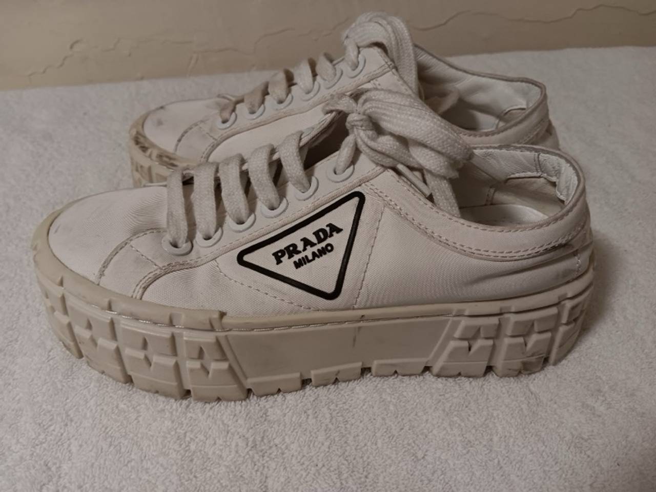 Prada Double Wheel Re-Nylon White Platform Sneakers