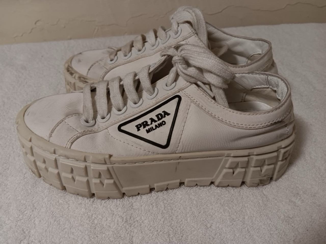 Prada Double Wheel Re-Nylon White Platform Sneakers