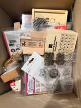 A box full of assorted craft themed wooden and block stamps. St Albans 3021 - Image 1