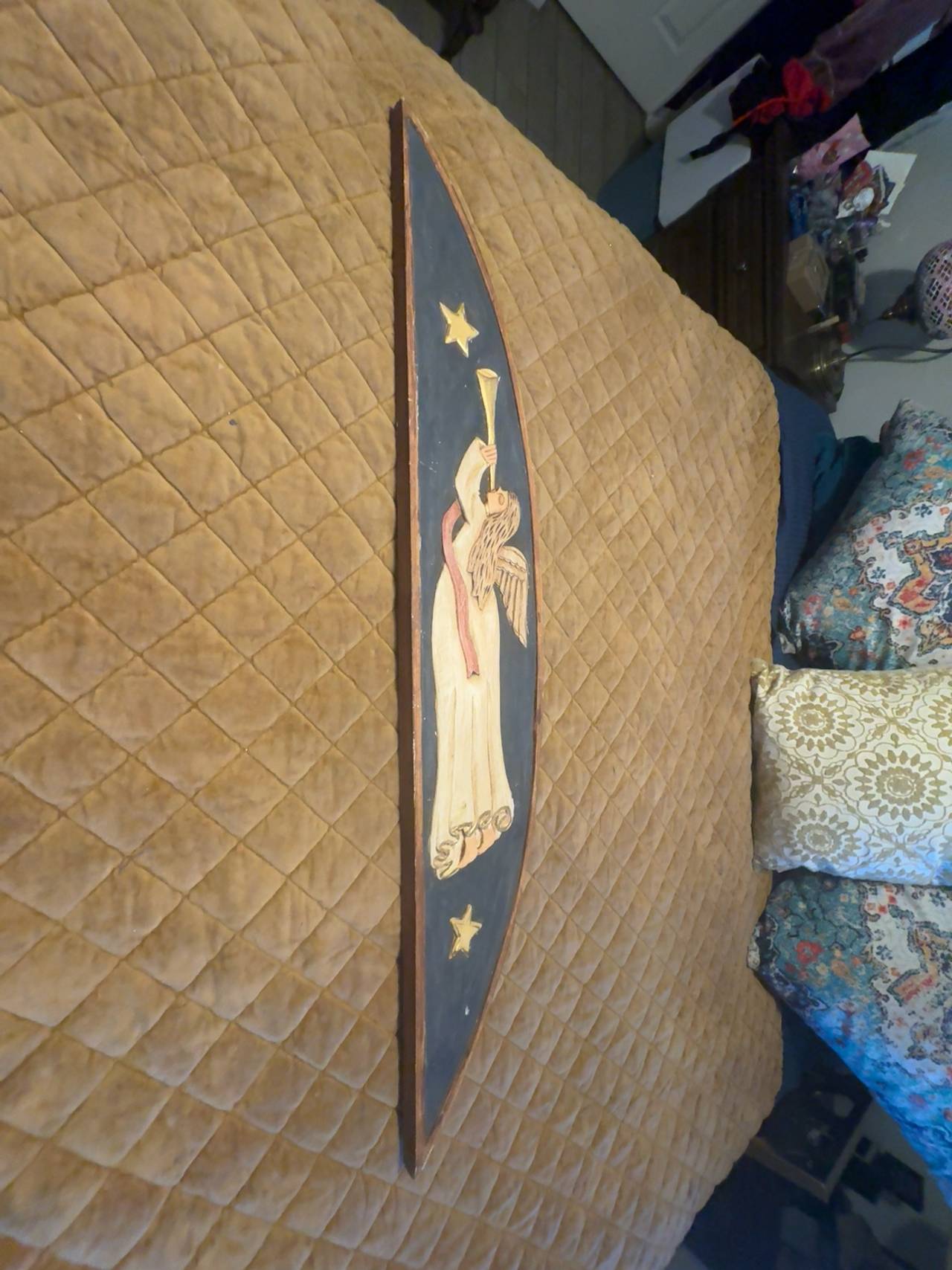 Folk Art Wooden Angel Relief Carving Wall Hanging