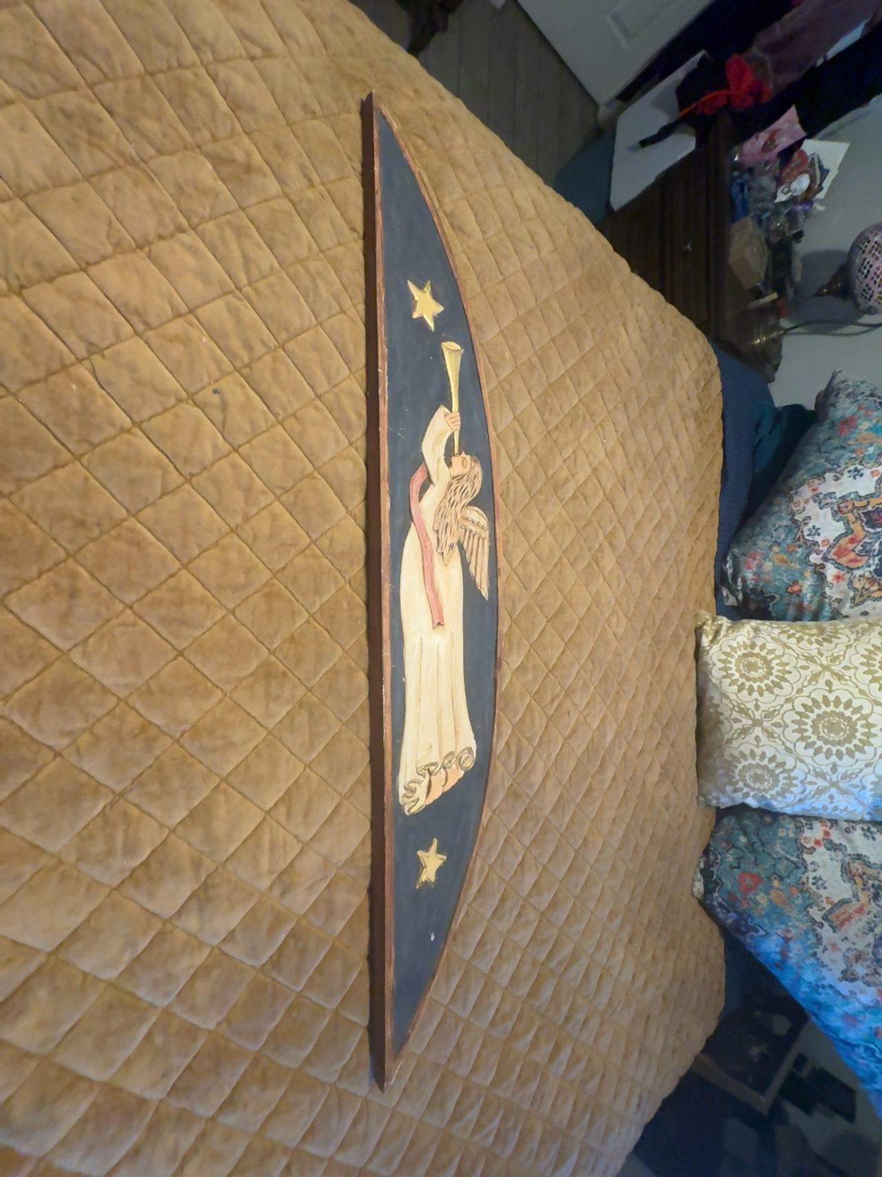 Folk Art Wooden Angel Relief Carving Wall Hanging