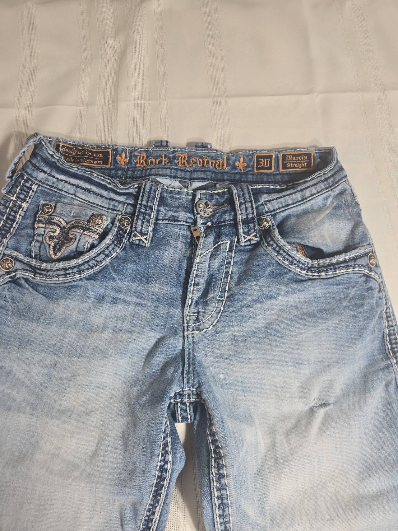 Rock Revival Marcin Straight Jeans light blue wash size 30x32 distessed
