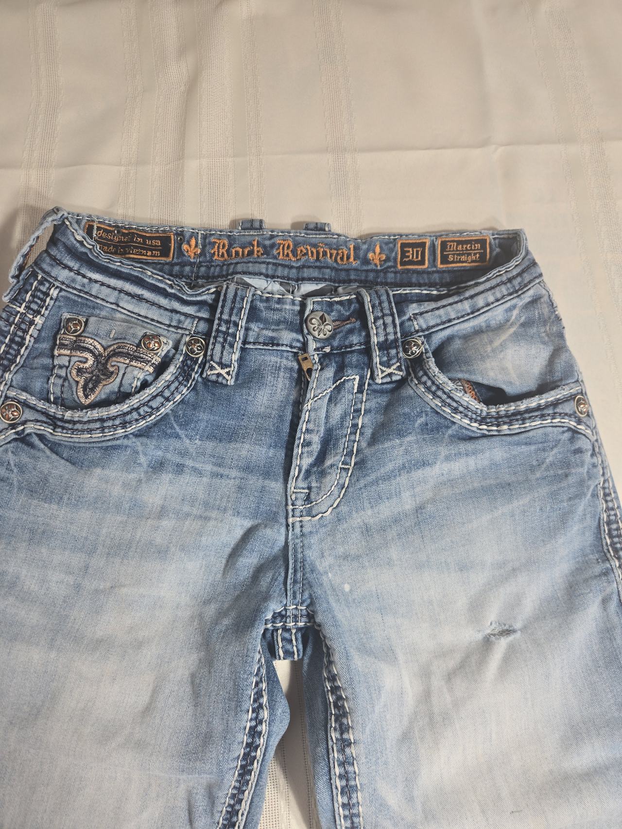 Rock Revival Marcin Straight Jeans light blue wash size 30x32 distessed