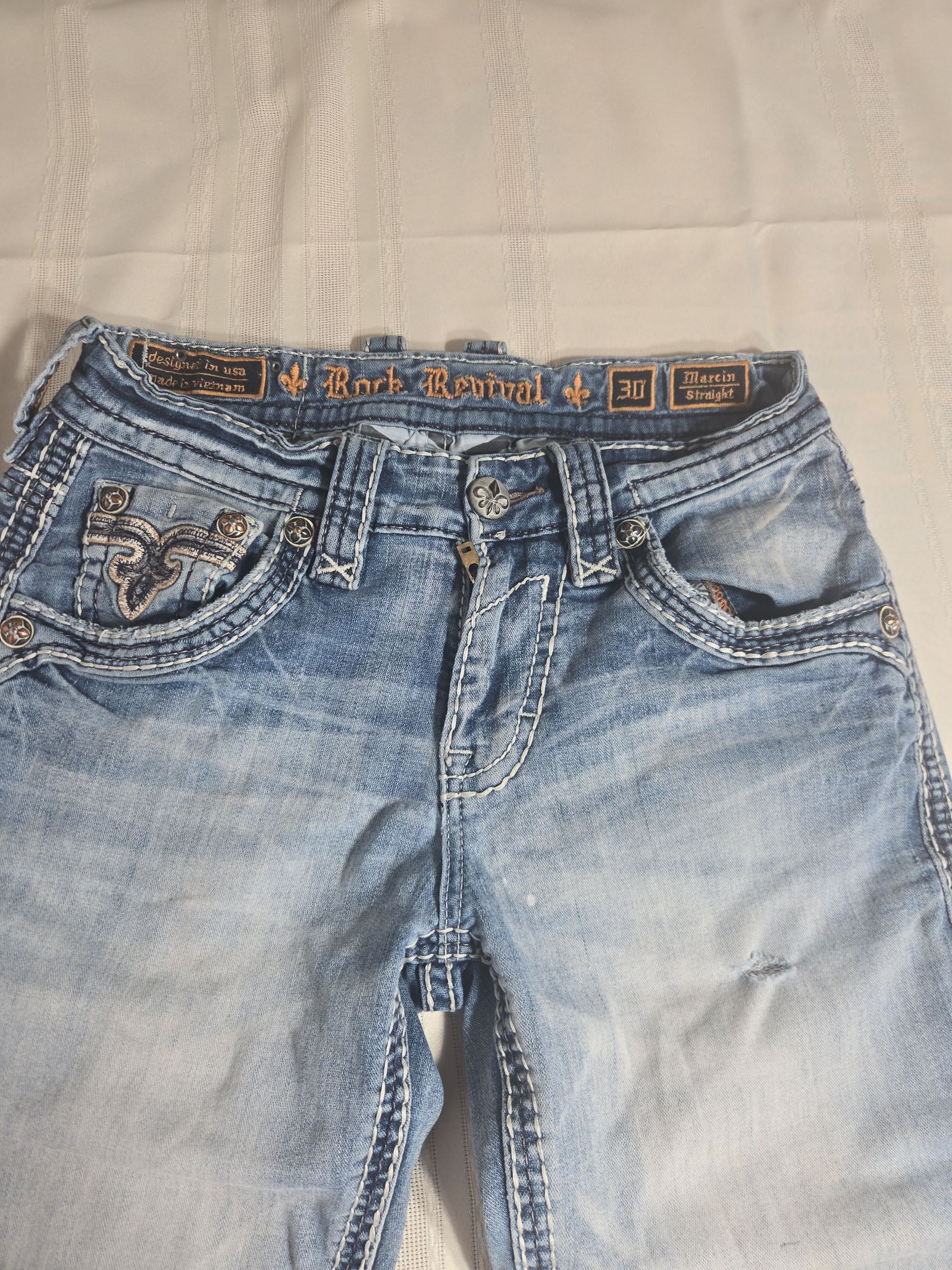 Rock Revival Marcin Straight Jeans light blue wash size 30x32 distessed