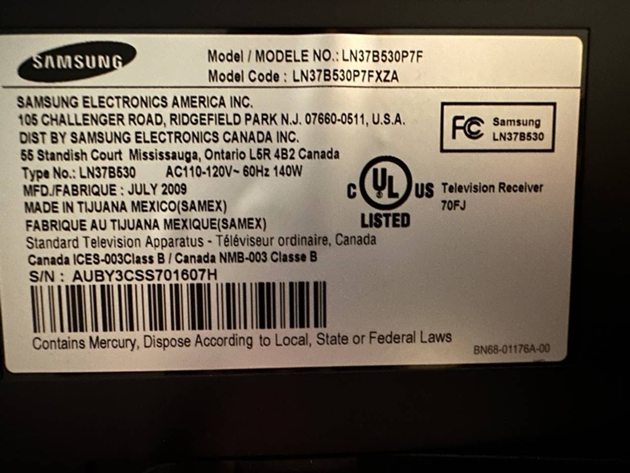 Samsung 37” Flat Screen LCD LED HDTV Black