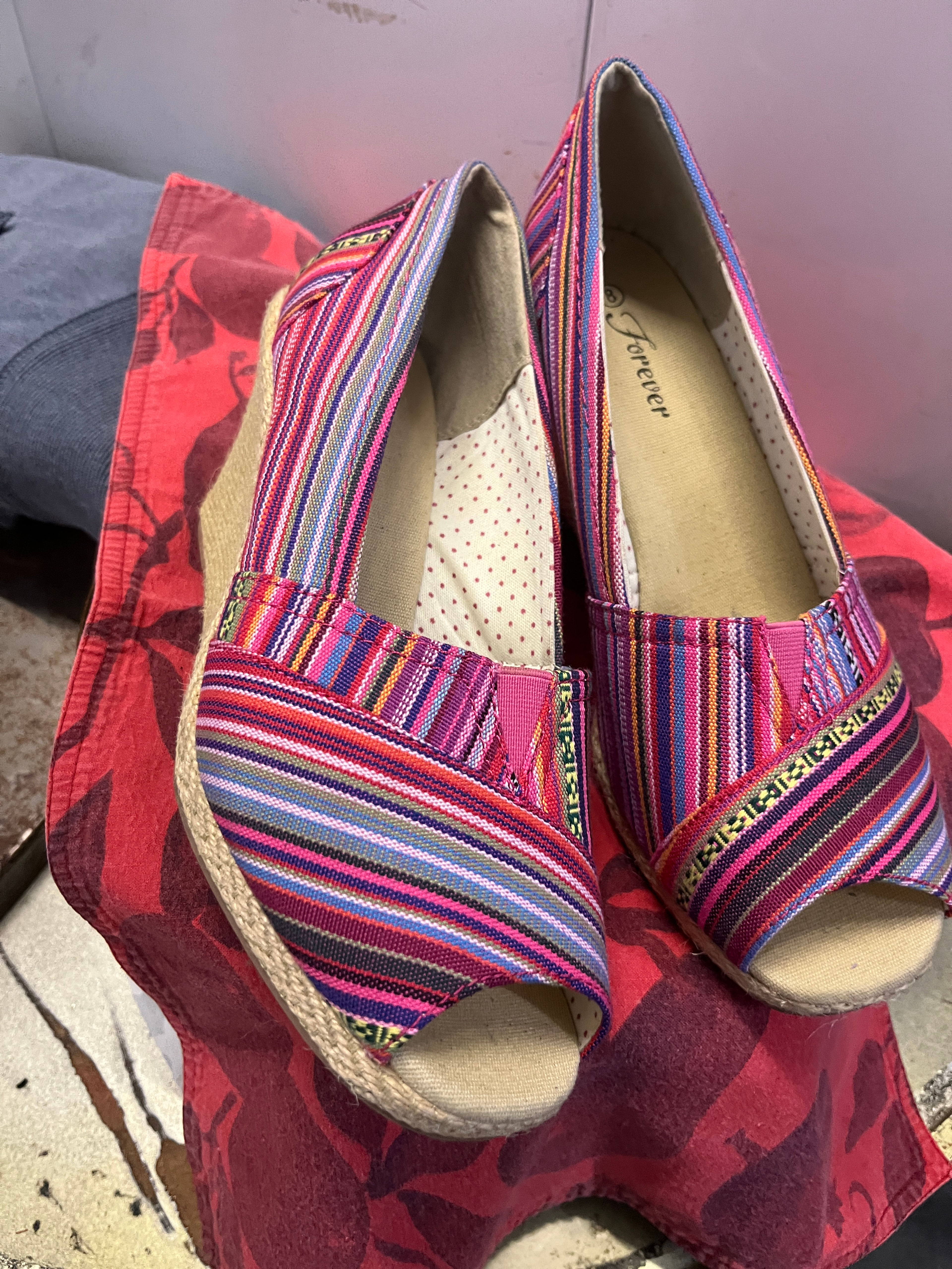 Forever Striped Espadrille Wedge Sandals