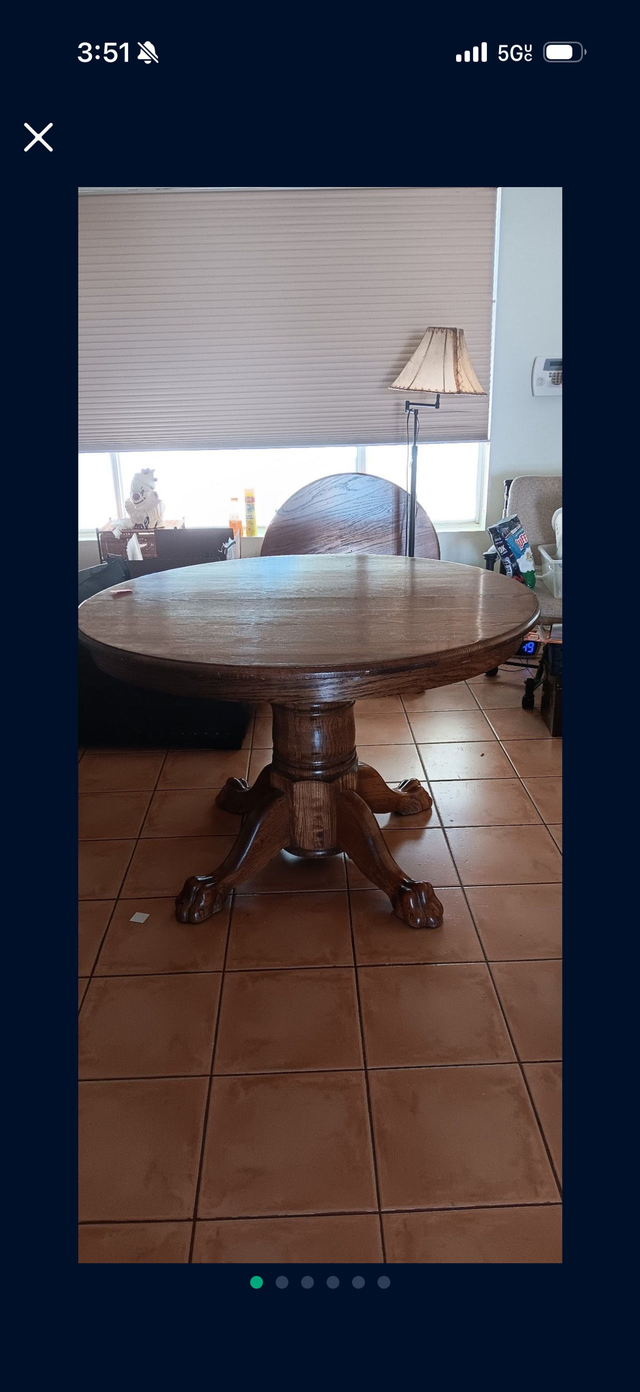 Round Oak Pedestal Dining Table with Claw Feet, Leaf, and 6 Chairs
