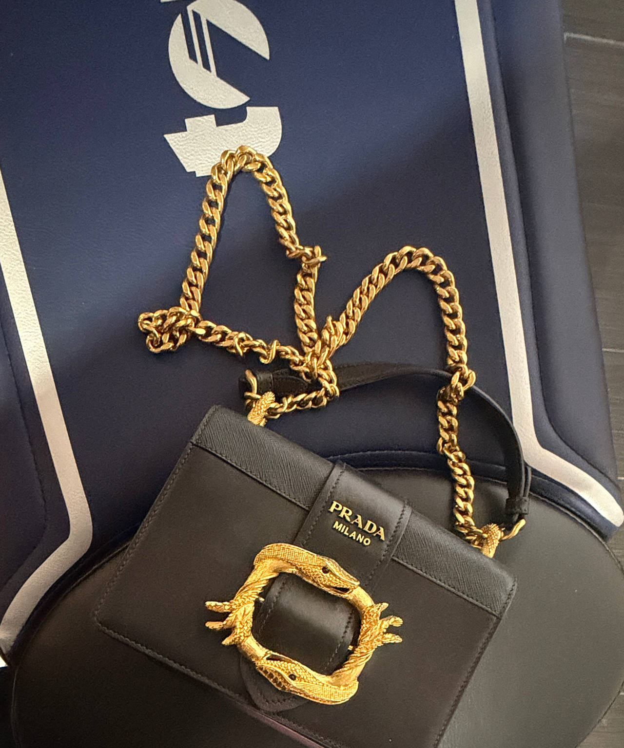 Prada Saffiano Leather Cahier Bag with Dragon Buckle