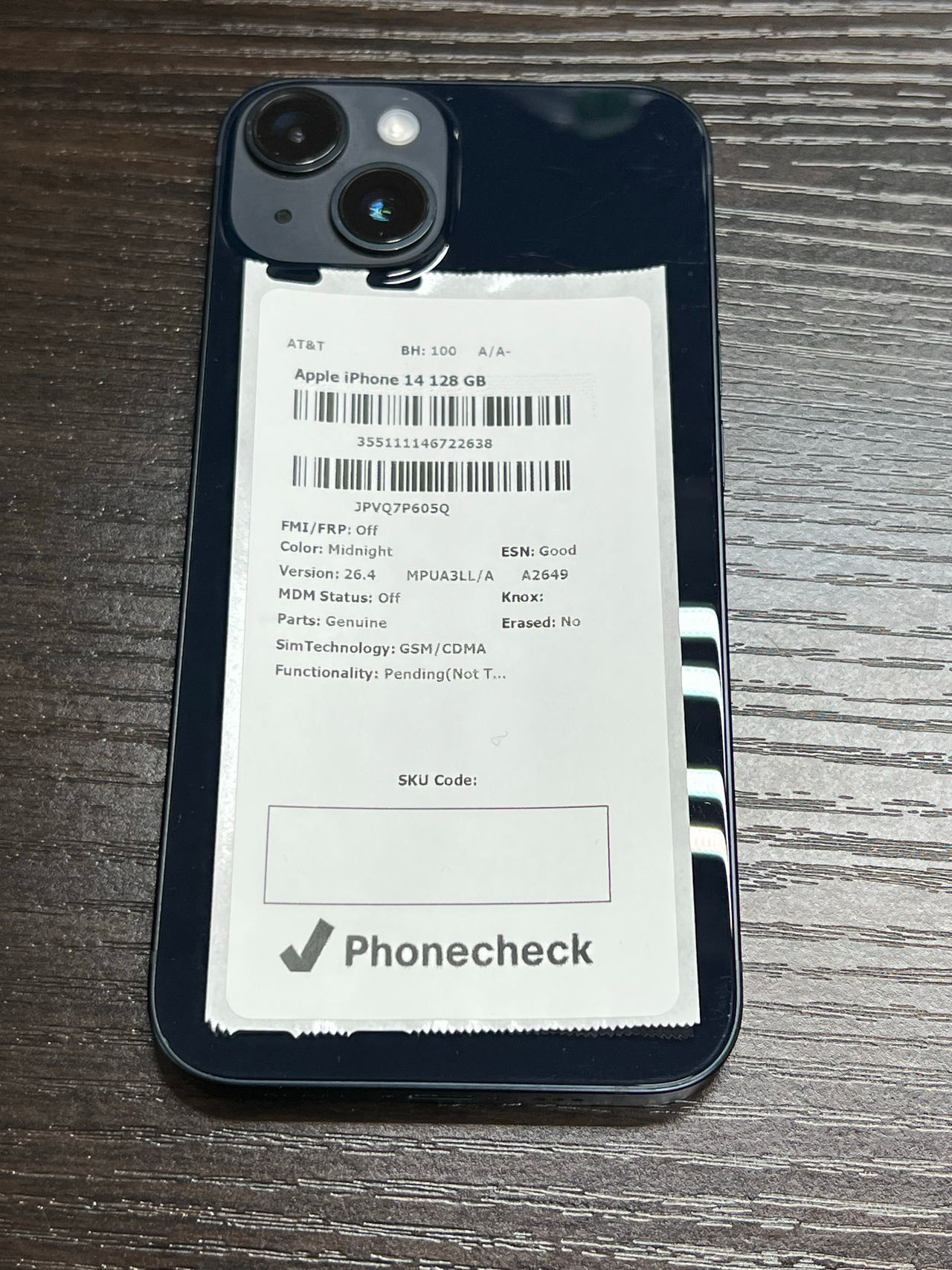 Apple iPhone 14 128GB Midnight (AT&T) 100% battery health