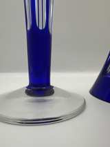Vintage Cobalt Blue Cut to Clear Glass Trumpet Vases - Image 2