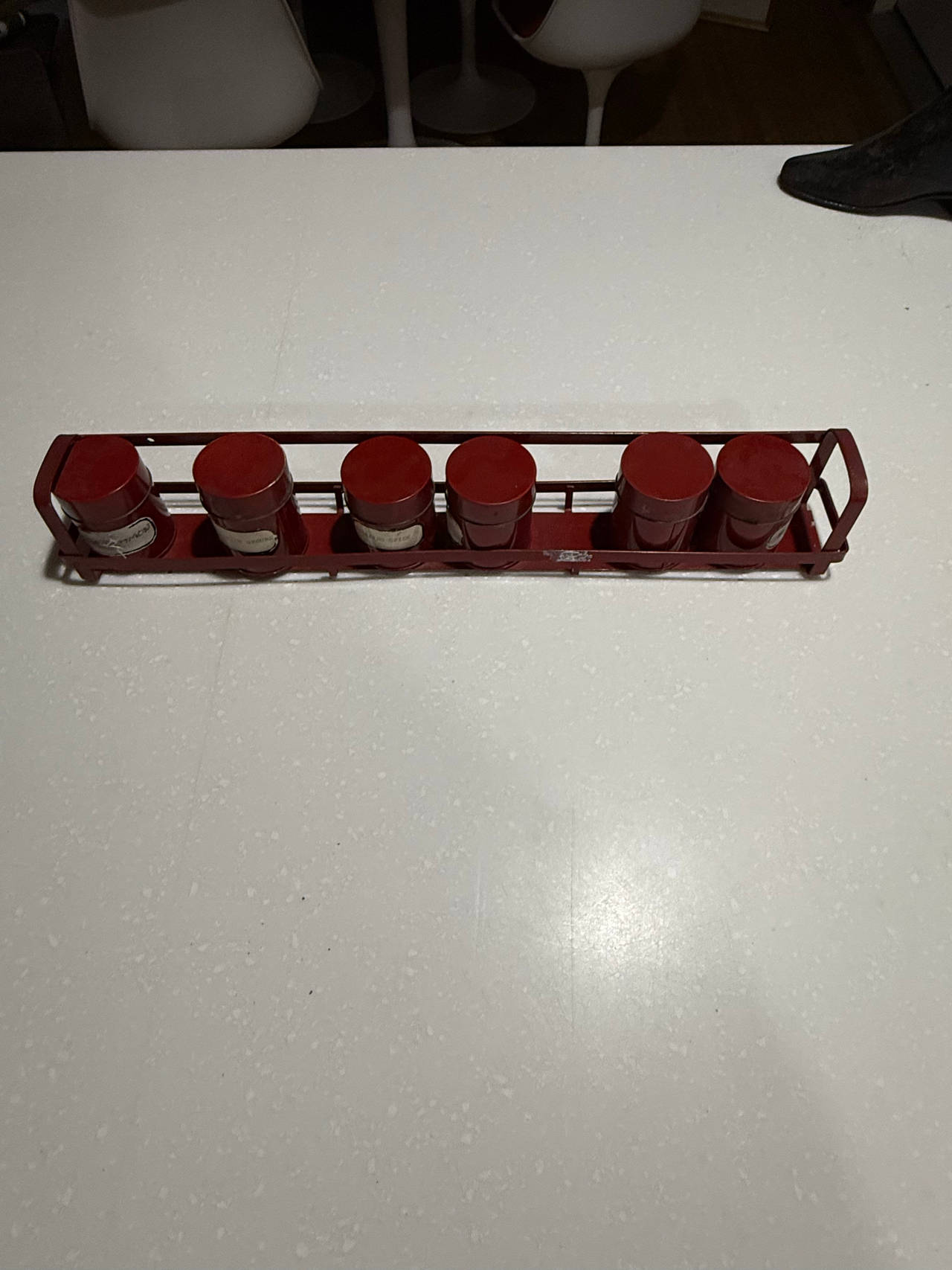 Vintage Red Metal Spice Rack with 6 Jars