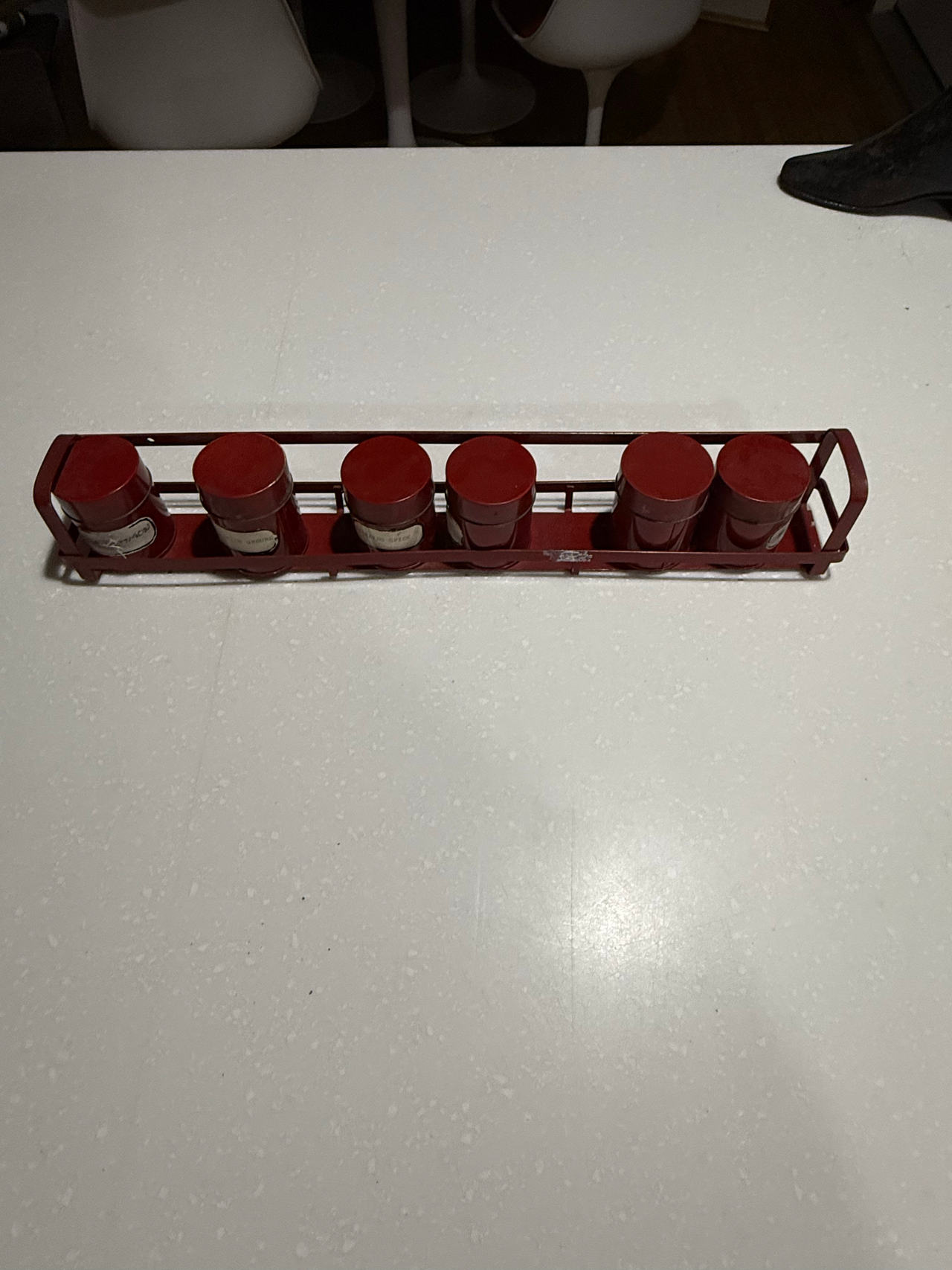 Vintage Red Metal Spice Rack with 6 Jars