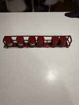 Vintage Red Metal Spice Rack with 6 Jars - Image 1