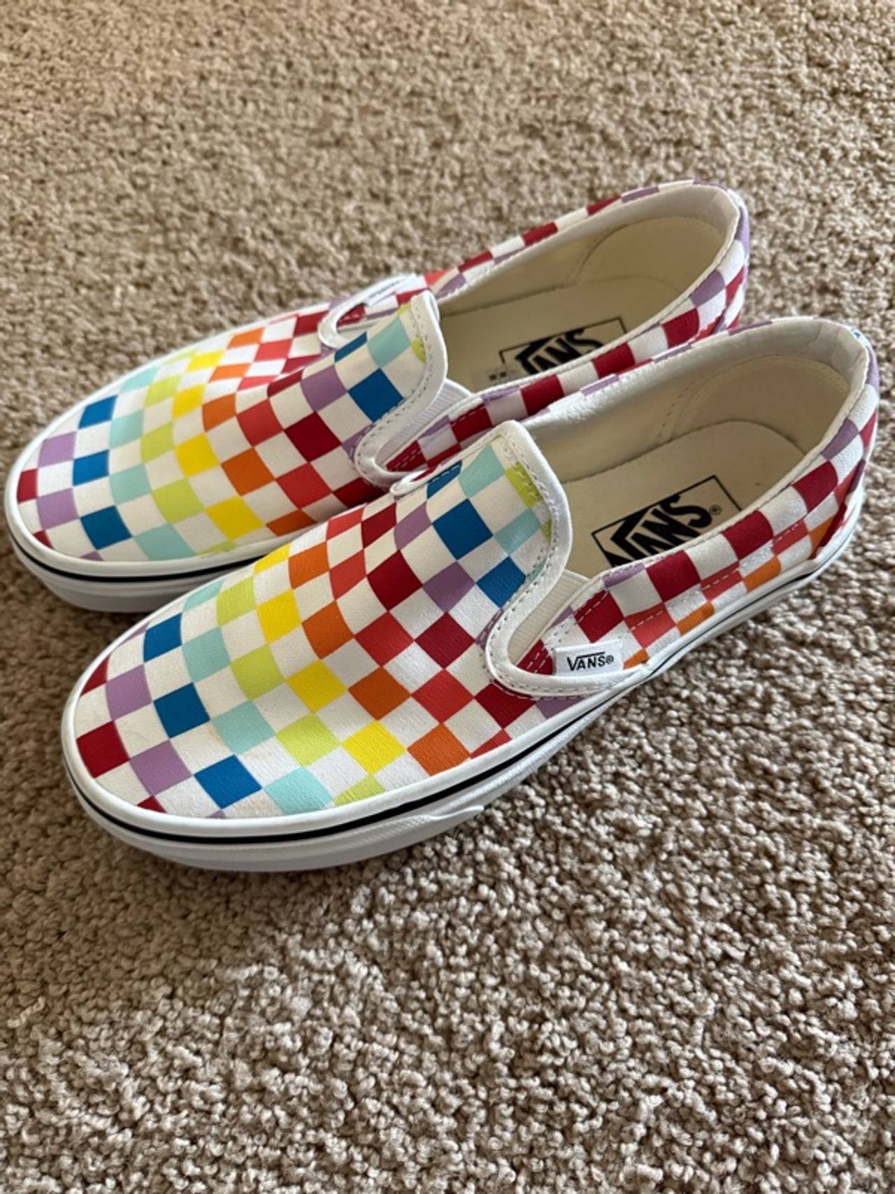 Vans Classic Slip-On Rainbow Checkerboard - Size 8 women, size 6.5 Men.