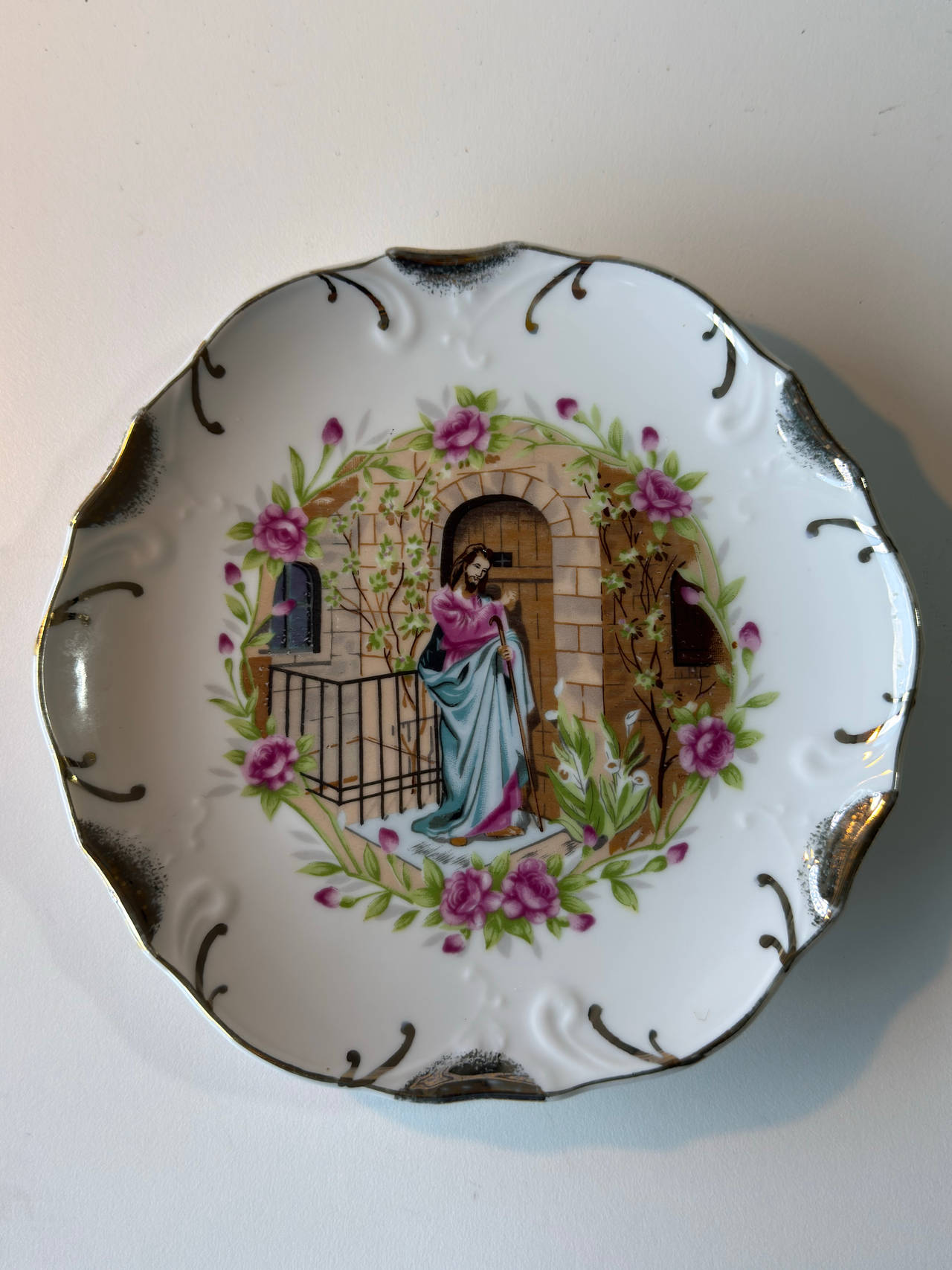 Vintage Jesus at the Door Porcelain Decorative Plate 18k Gold