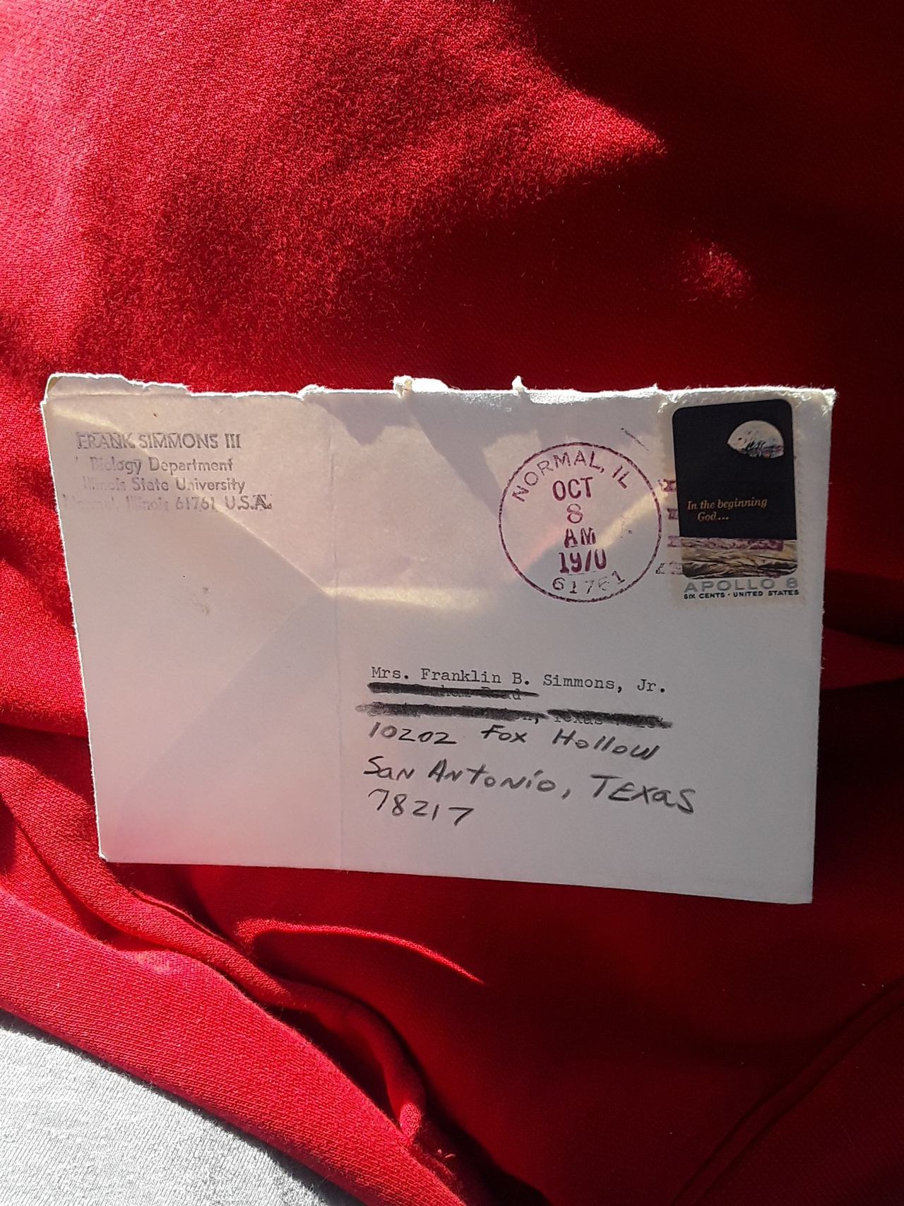 1970 Postmarked Envelope with Apollo 8 Stamp
