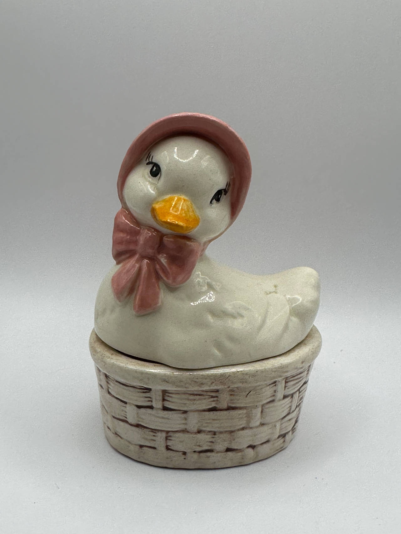 Vintage Ceramic Duck in Basket Trinket Box