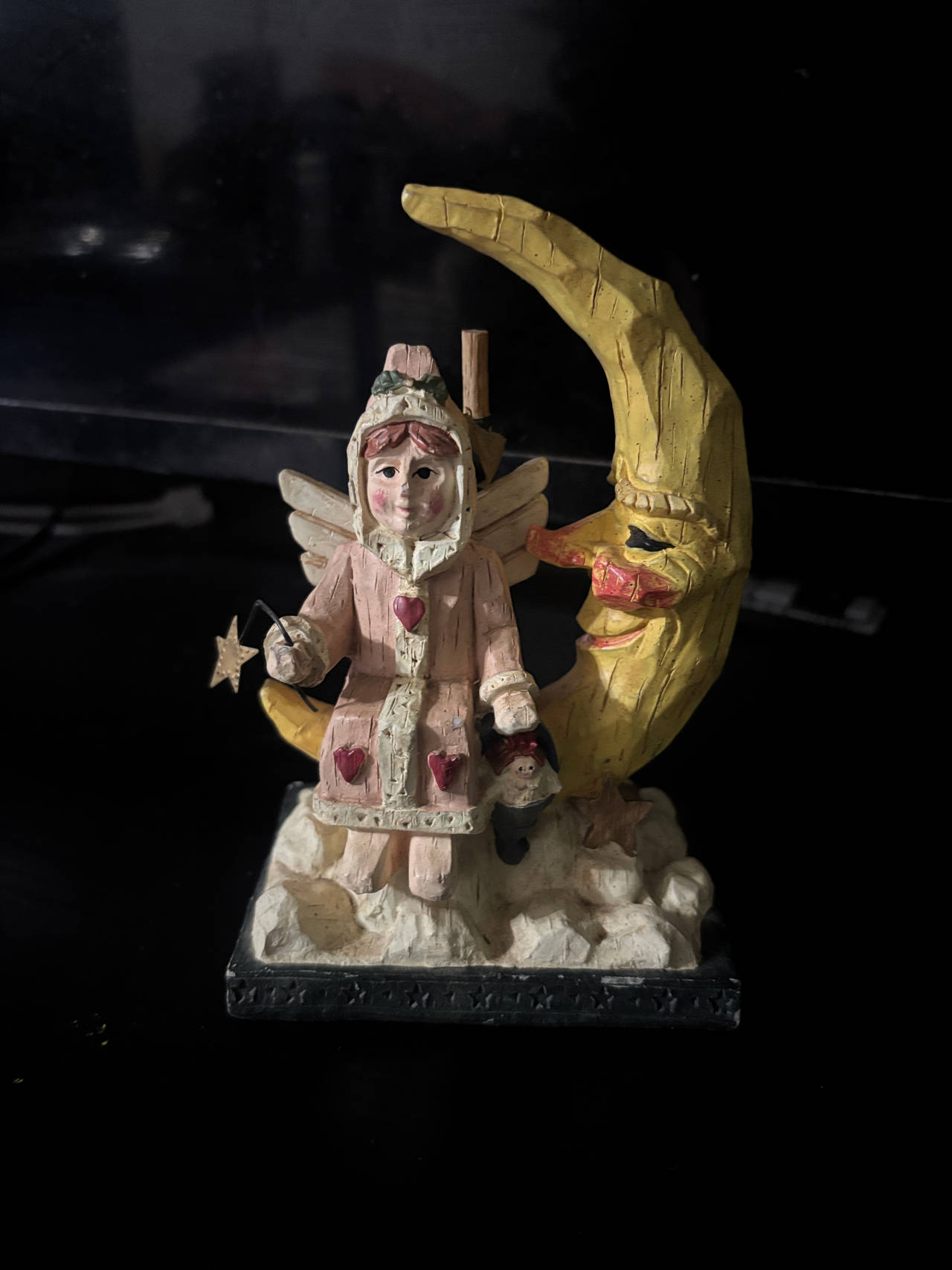 Folk Art Angel Figurine with Crescent Moon