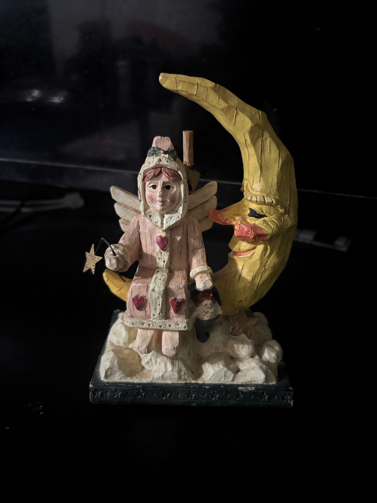 Folk Art Angel Figurine with Crescent Moon