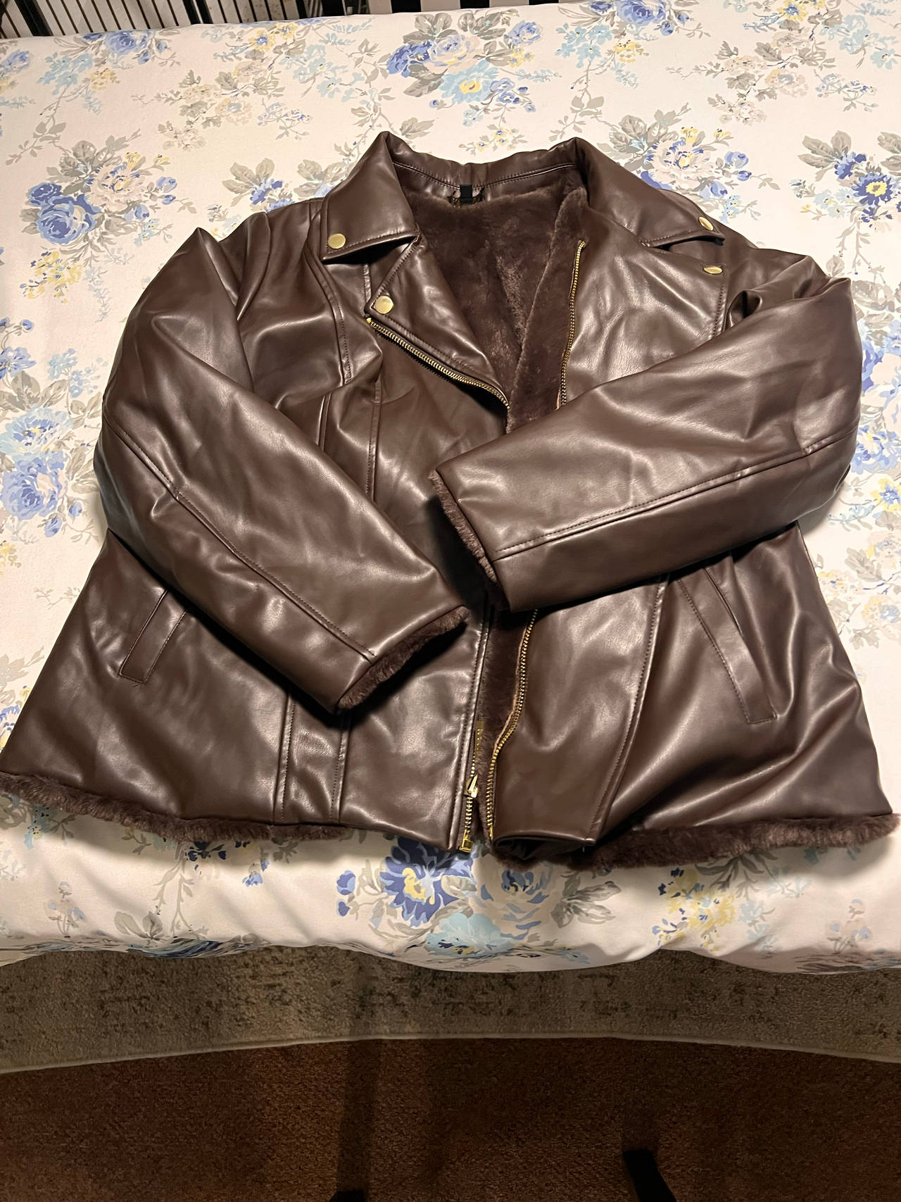 IMAN Women's Dark Brown Faux Leather Faux Fur Lined Moto Jacket