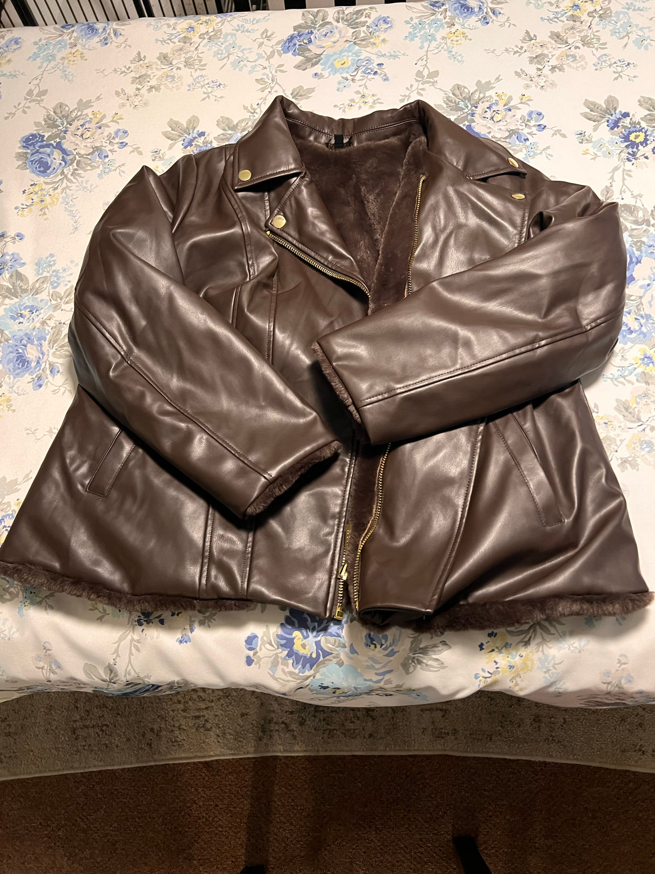IMAN Women's Dark Brown Faux Leather Faux Fur Lined Moto Jacket