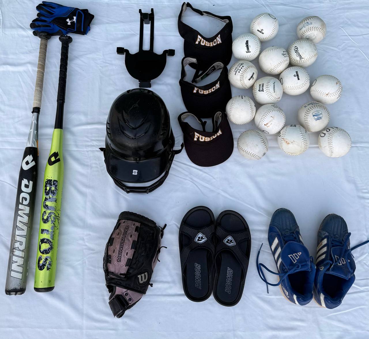 Softball Gear Lot with Bats, Glove, and Helmet