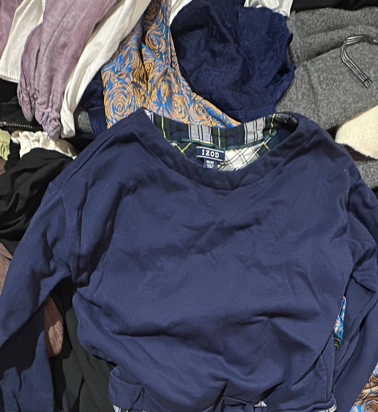 IZOD Navy Blue Crewneck Sweatshirt with Plaid Collar Lining