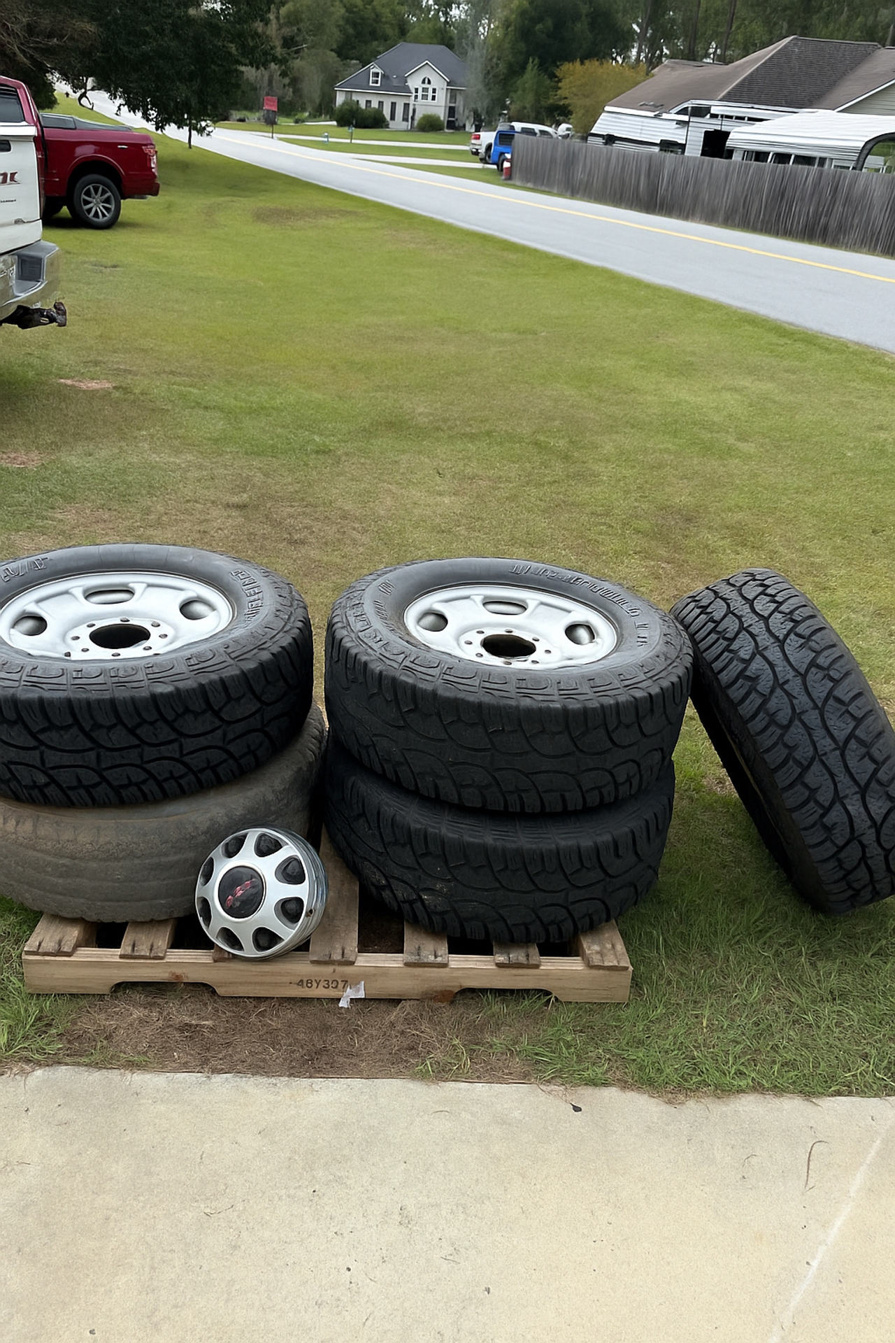 Set of 8x170 lug Tires with Steel Wheels with spare some used some brand new.
