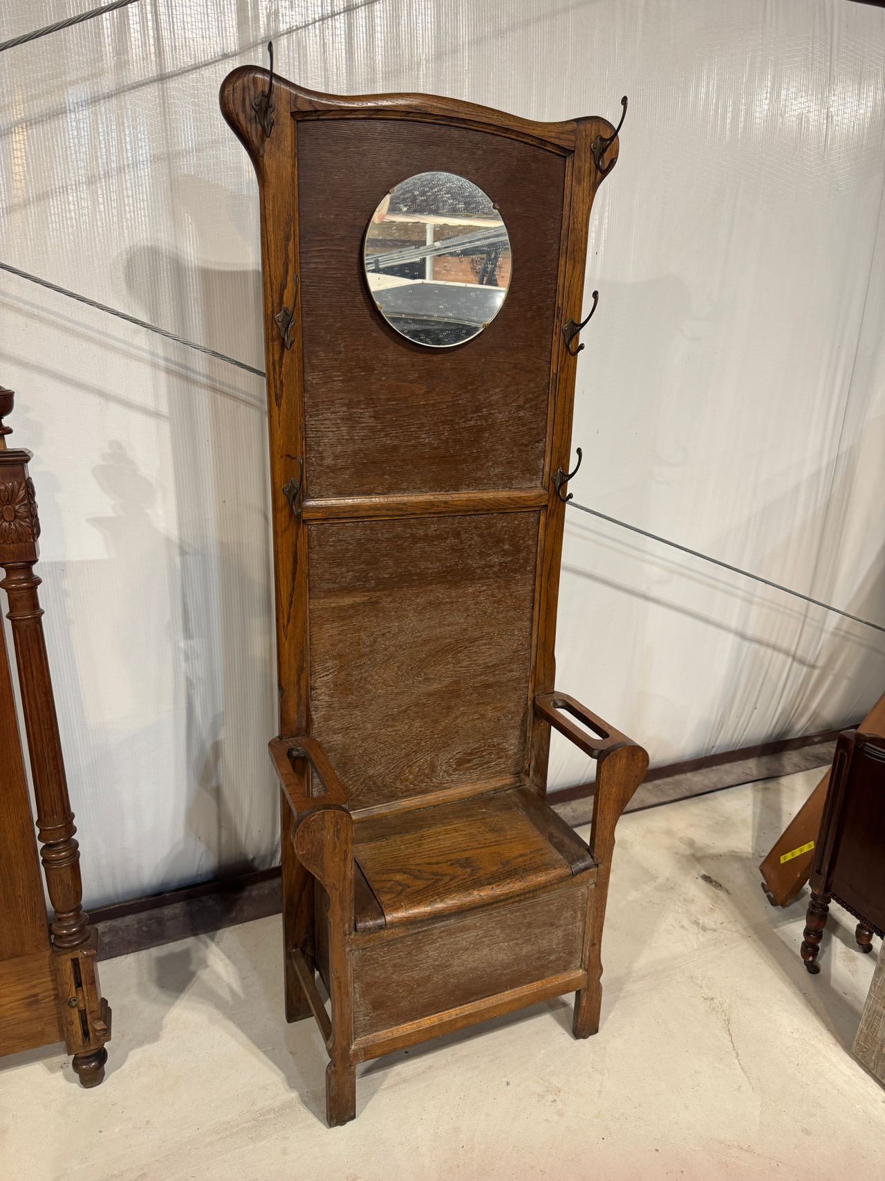 Antique Oak Hall Tree with Bench and Mirror
