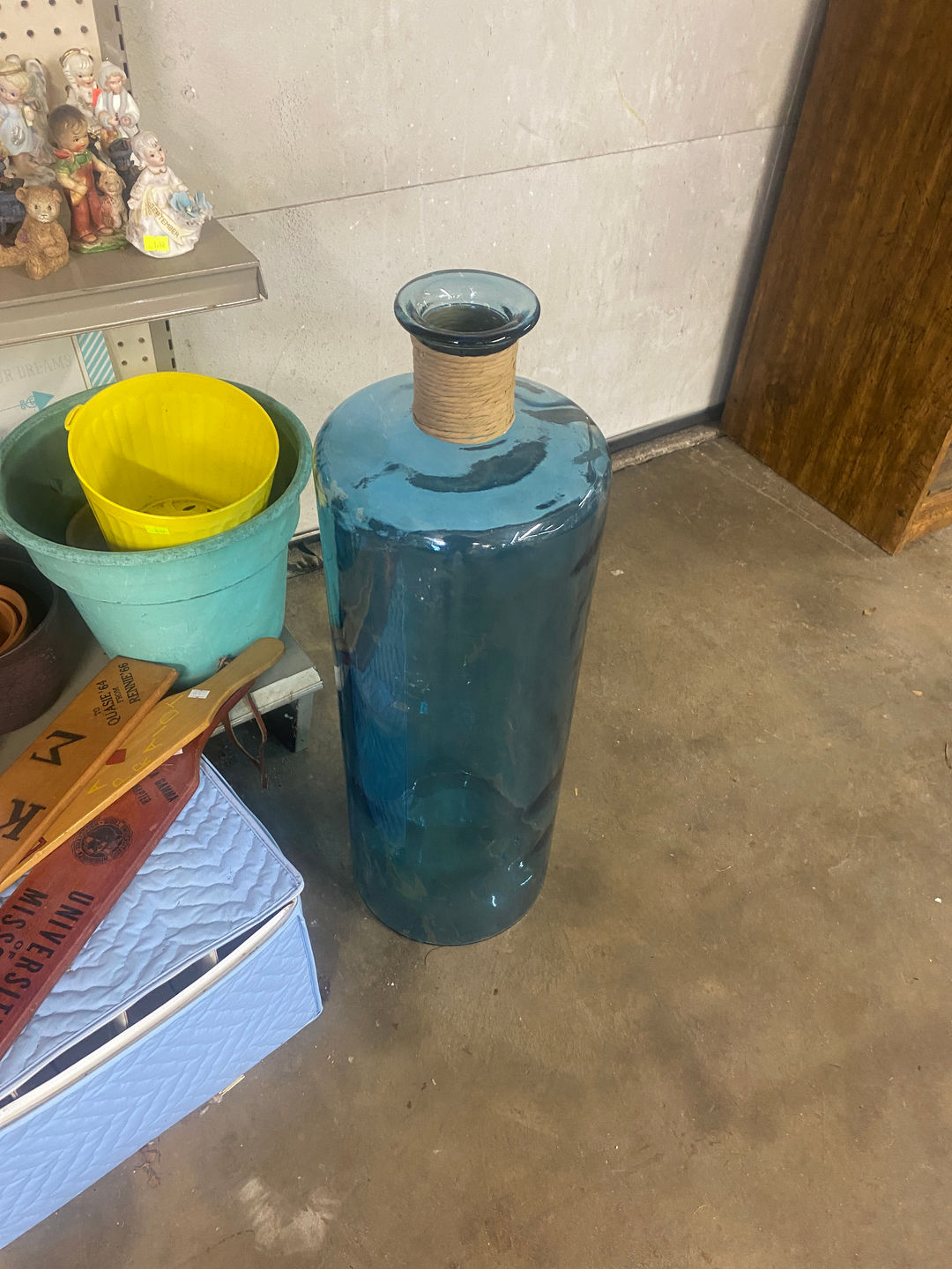 Large Blue Glass Floor Vase with Twine Neck