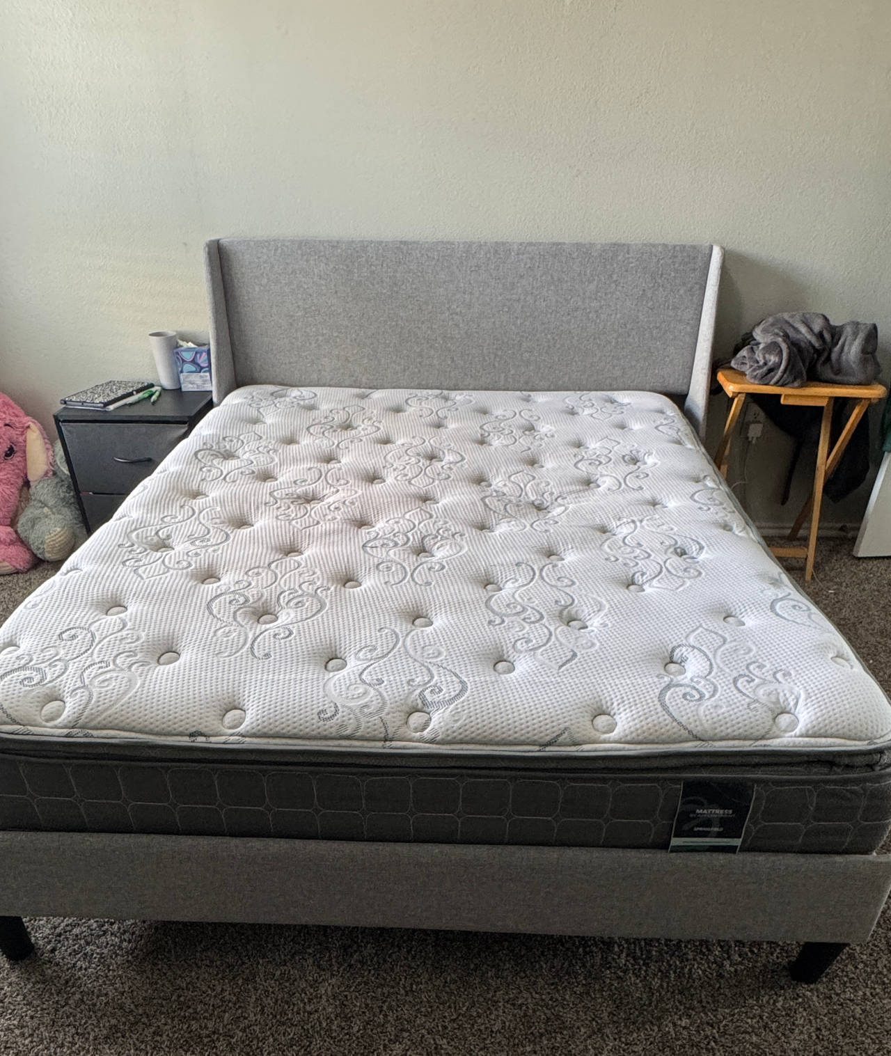 Living Spaces Queen Upholstered Bed and Mattress