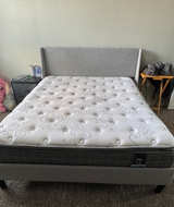Living Spaces Queen Upholstered Bed and Mattress - Image 1