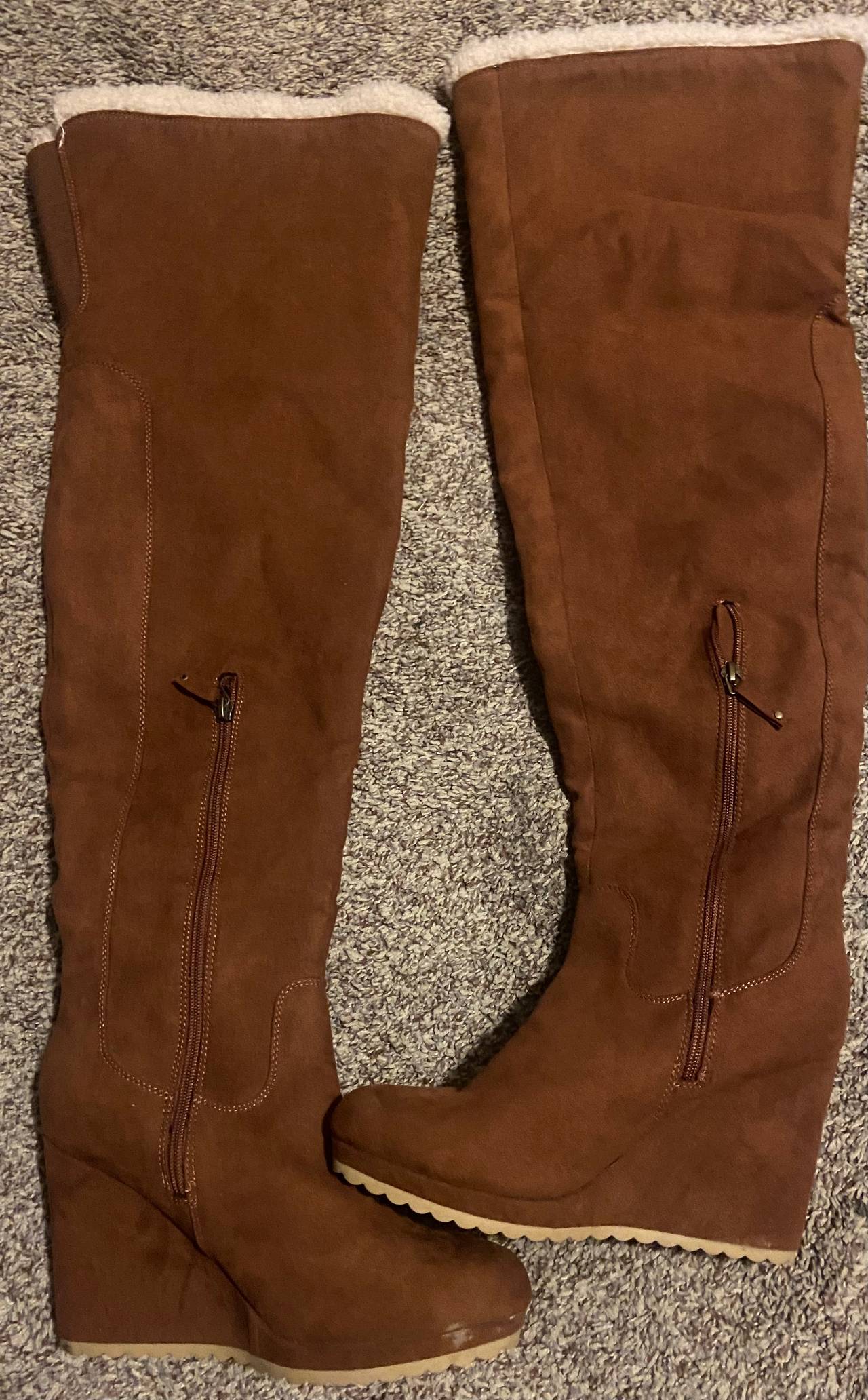 Faux Suede Wedge Over-the-Knee Boots with Faux Fur Trim