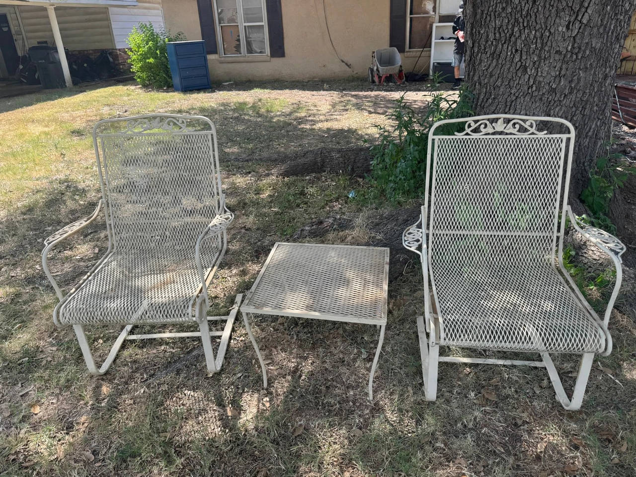 Vintage Wrought Iron Mesh Patio Set with Spring Bouncer Chairs