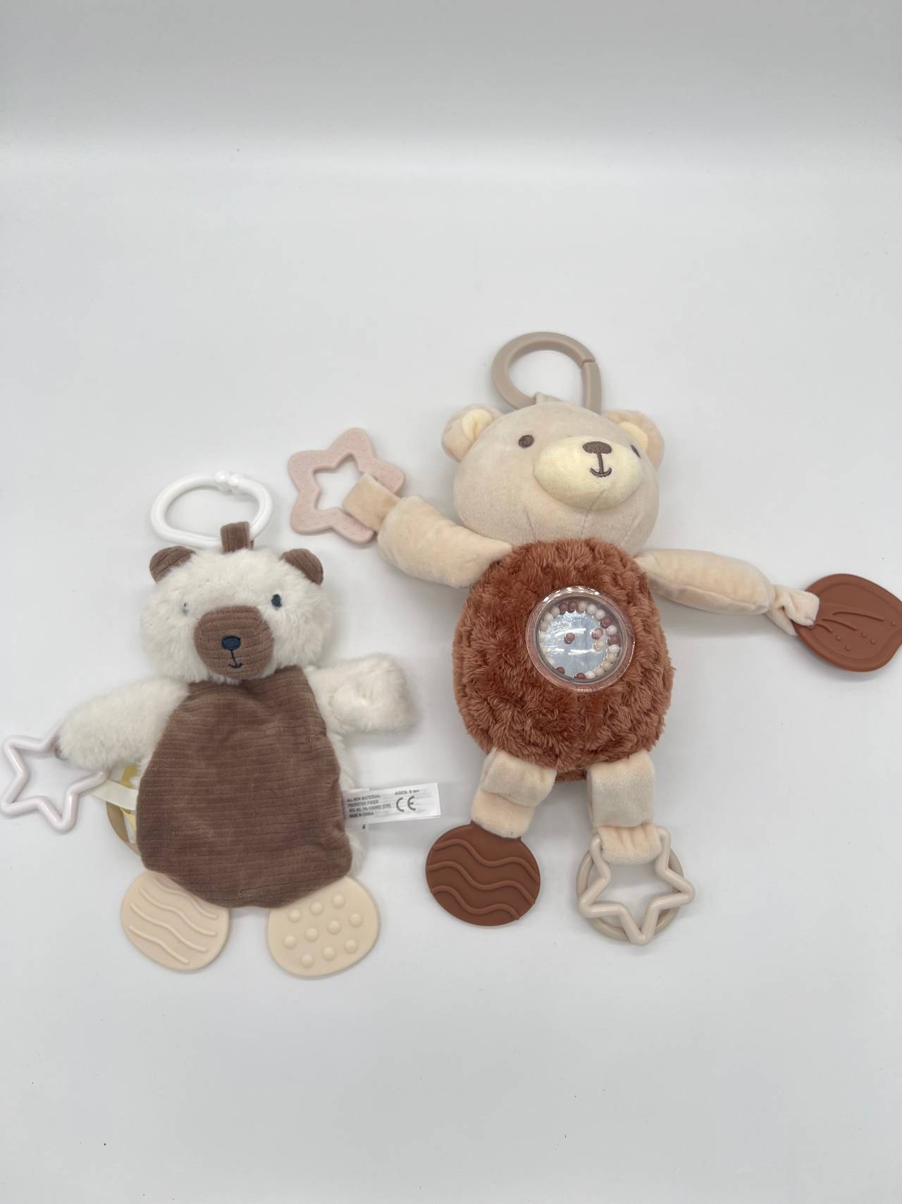 Baby Plush Stroller Clip Toy Lot Bear Puppy Teether Rattle Sensory Car Seat 2 Pc