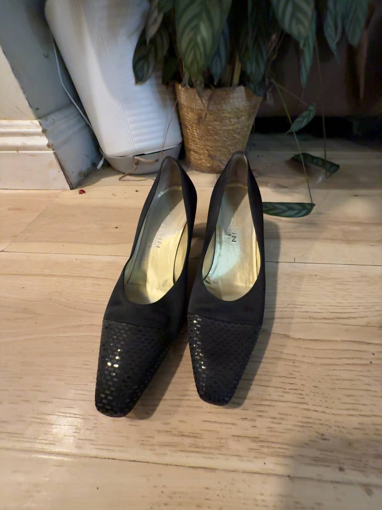 St. John Black Satin Pump with Sequin Trim