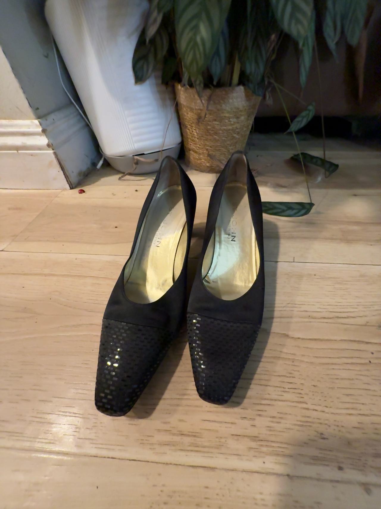 St. John Black Satin Pump with Sequin Trim