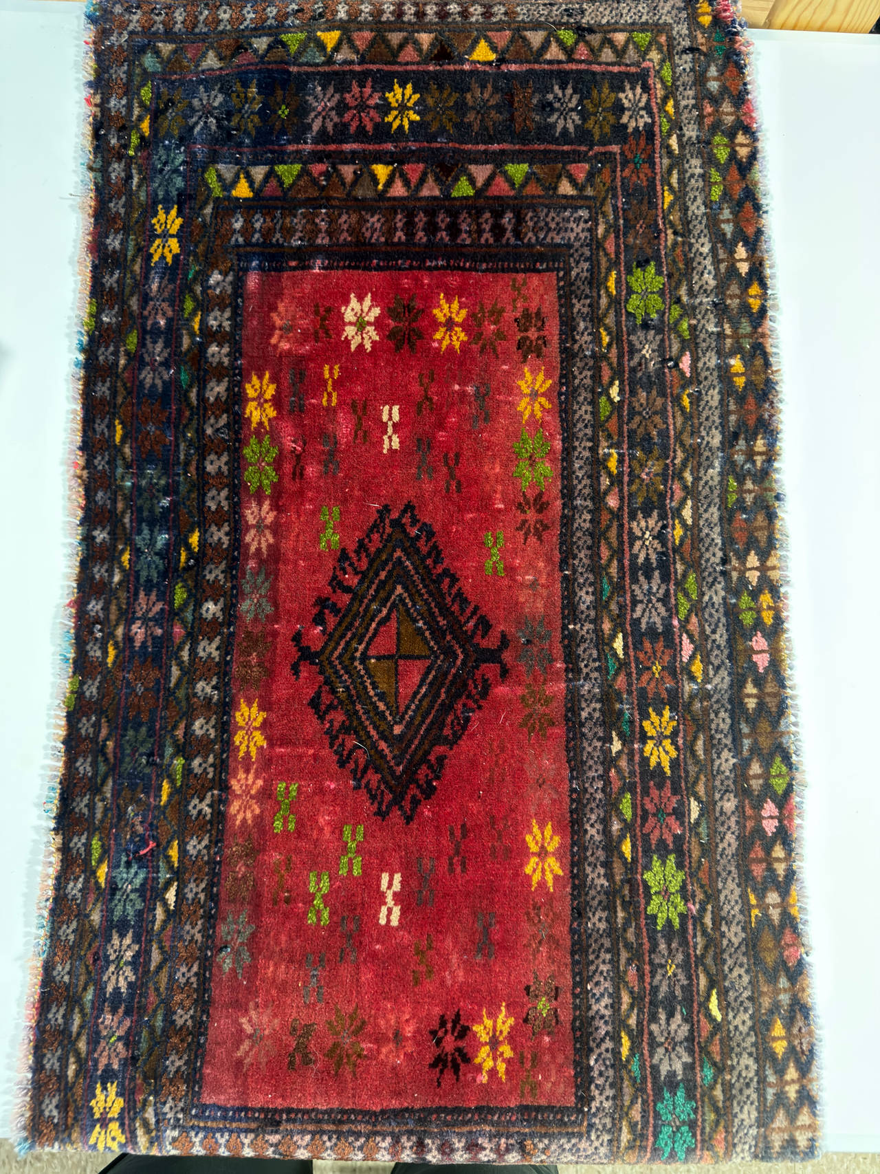 Vintage Handmade Afghan Tribal Runner Rug 17x35 – Geometric Wool Design