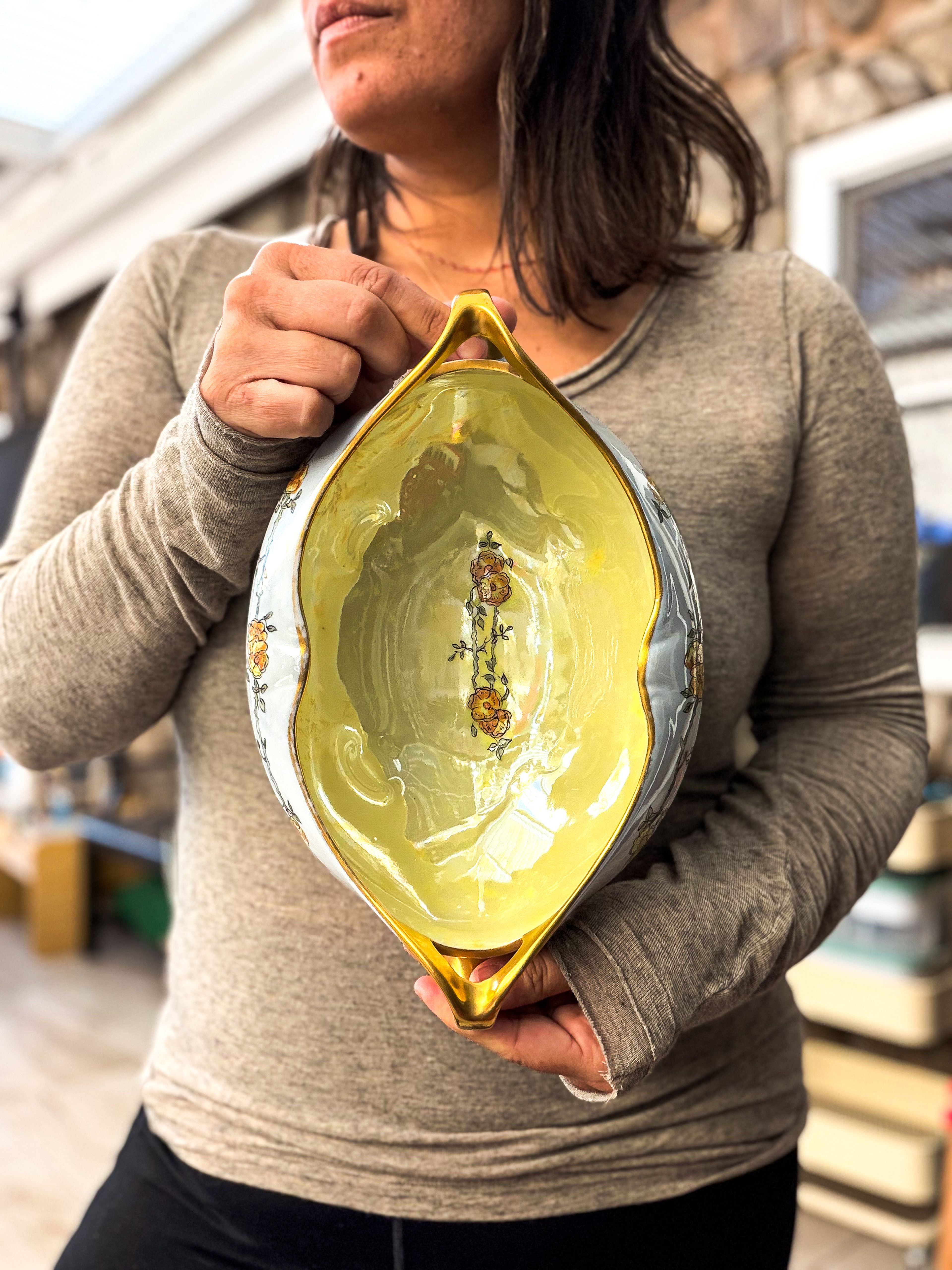 Vintage Porcelain Footed Bowl with Gold Handles Floral Centerpiece Trinket Bowl - Image 3