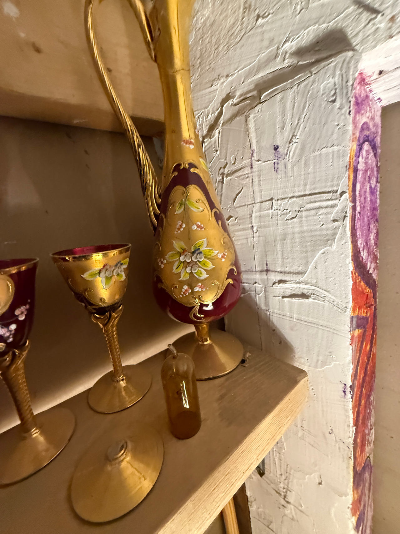 Murano Venetian Ruby Red Gold Decanter and Glasses Set