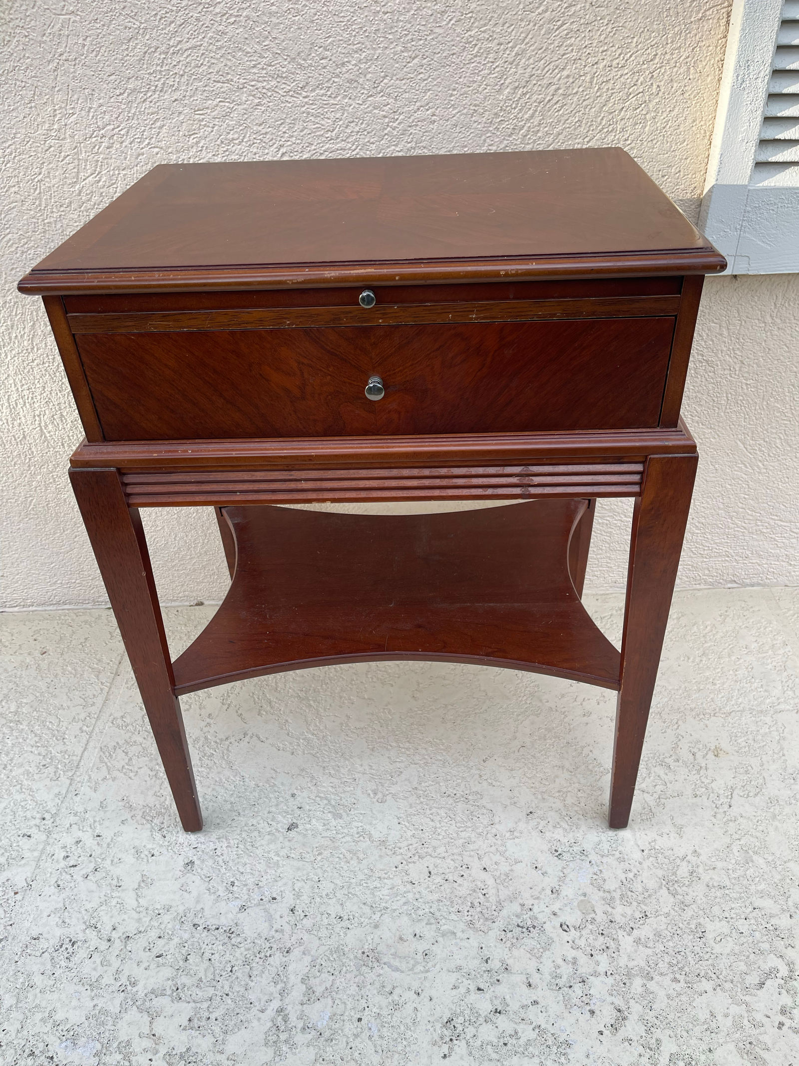 Vintage Wood Nightstand with Drawer and Curved Shelf