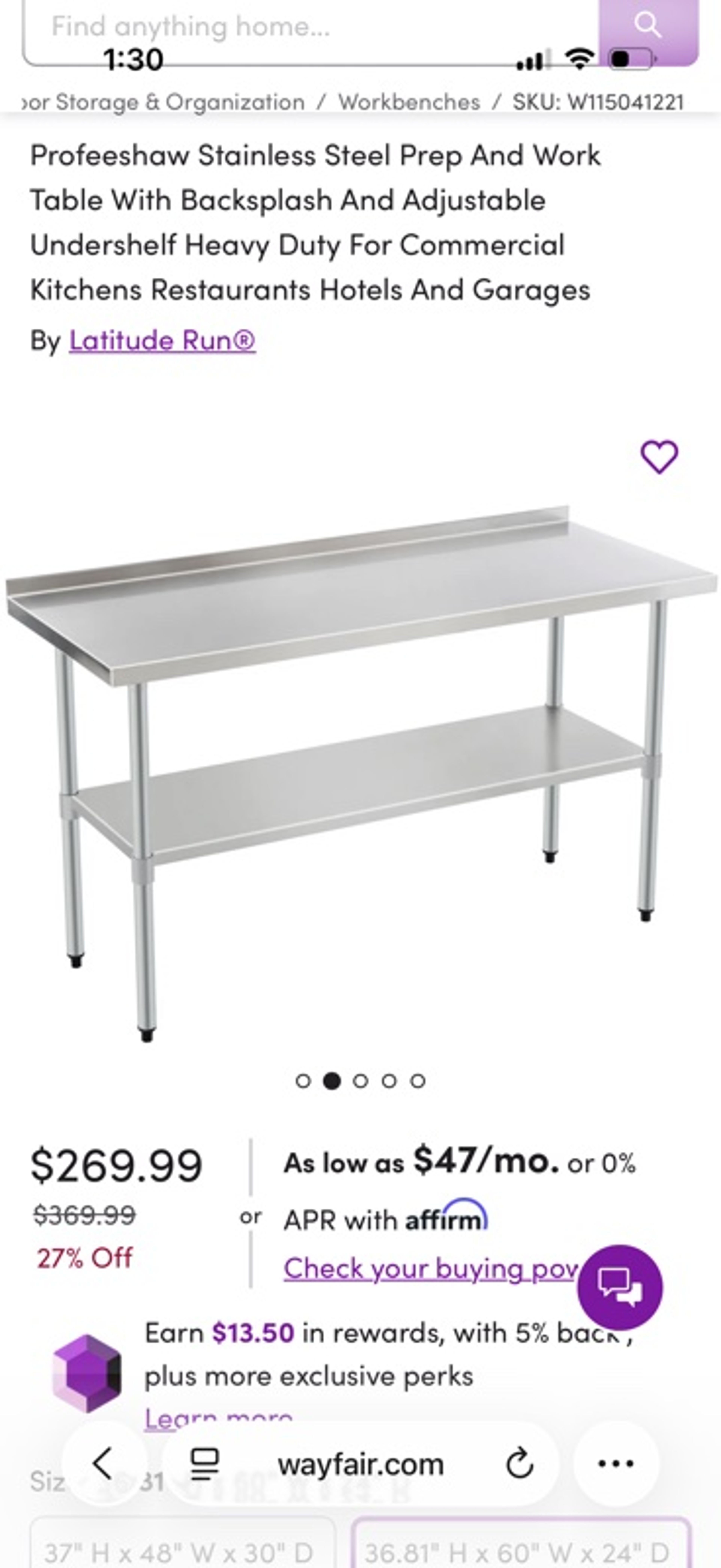 Restaurantware Stainless Steel Prep Table 30" x 60" with Backsplash