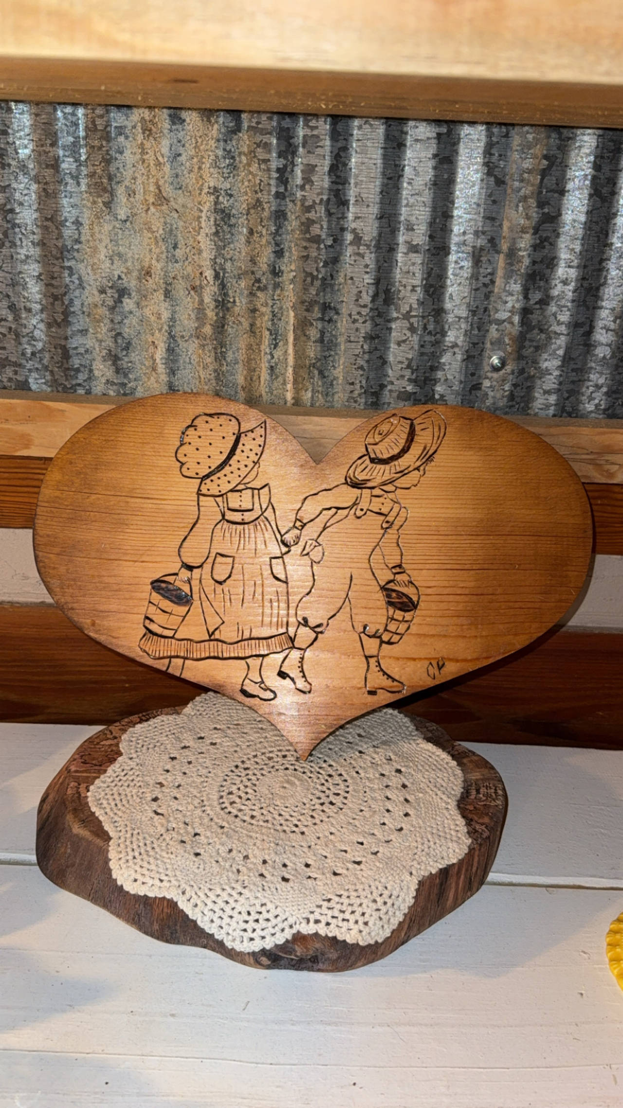 Vintage Wood Burned Heart Folk Art Decor