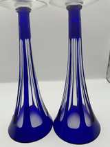 Vintage Cobalt Blue Cut to Clear Glass Trumpet Vases - Image 5