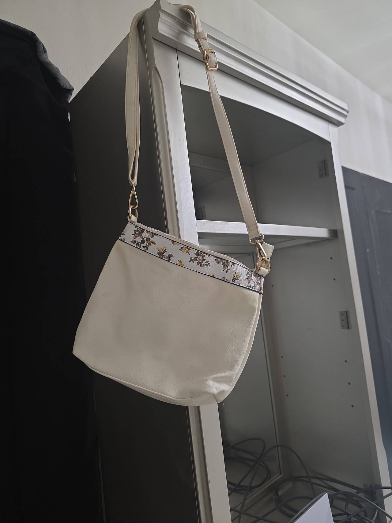 Cream Faux Leather Floral Trim Crossbody Bag