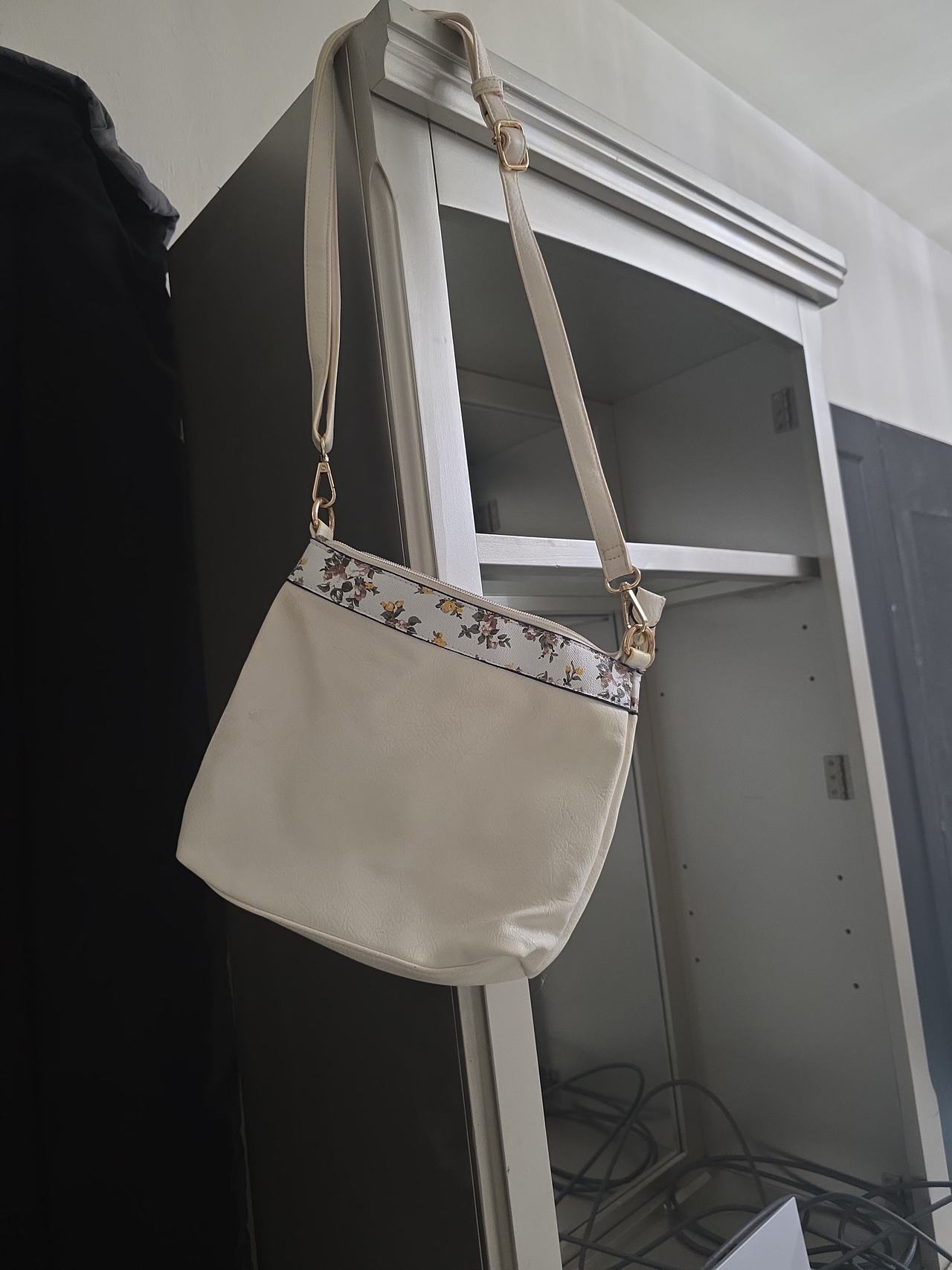 Cream Faux Leather Floral Trim Crossbody Bag