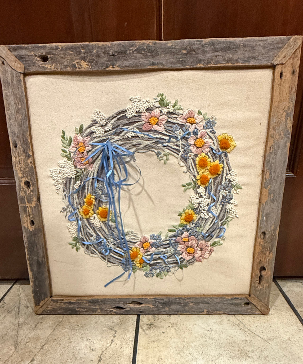 Vintage Framed Crewel Embroidery Floral Wreath