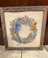 Vintage Framed Crewel Embroidery Floral Wreath - Image 1