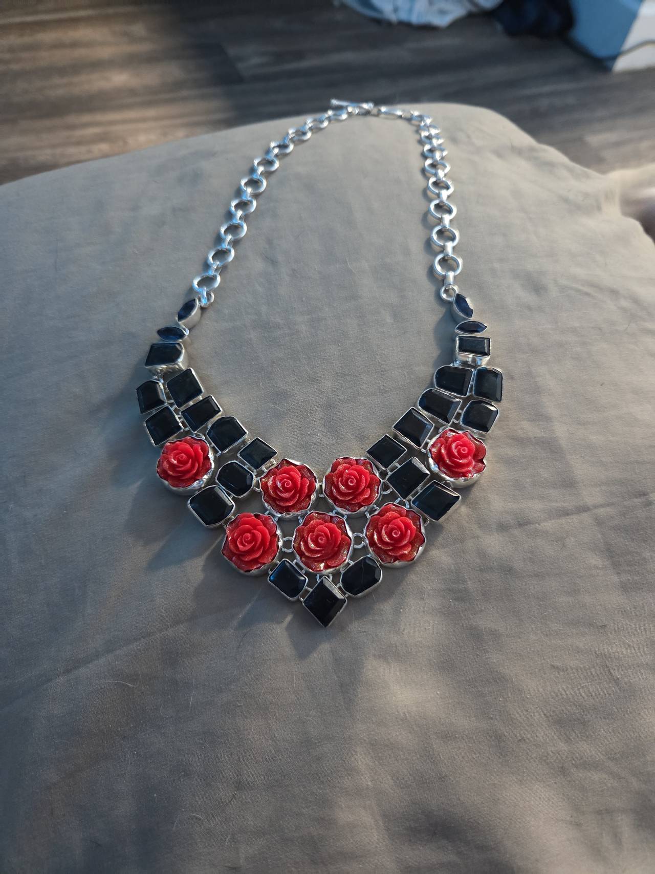 Red Rose and Black Stone Statement Necklace